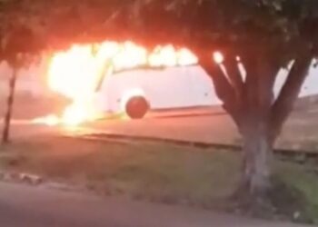 Após incendiar, micro-ônibus fica destruído no município de Salgado