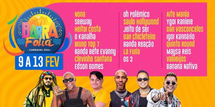 Barra Folia 2024: Com O Kanalha, Polêmico, Kannário e mais 21 atrações, Carnaval da Barra dos Coqueiros começa nesta sexta, 9